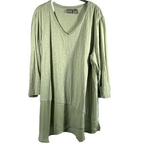 Chico's Womens Tunic Top XL Solid Green Slubbed Cotton Blend Semi Sheer Hem 3/4